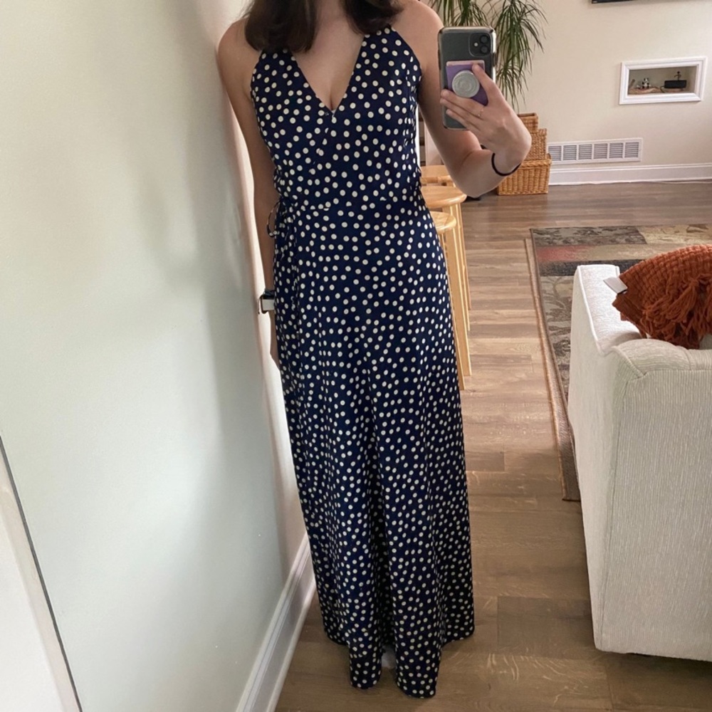Heartloom Navy blue polka dot wrap maxi dress